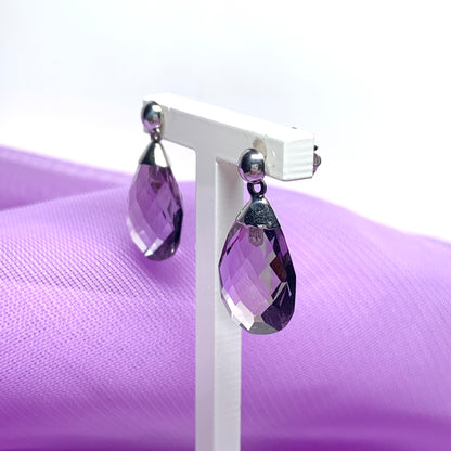 Faceted purple amethyst drop earrings white gold