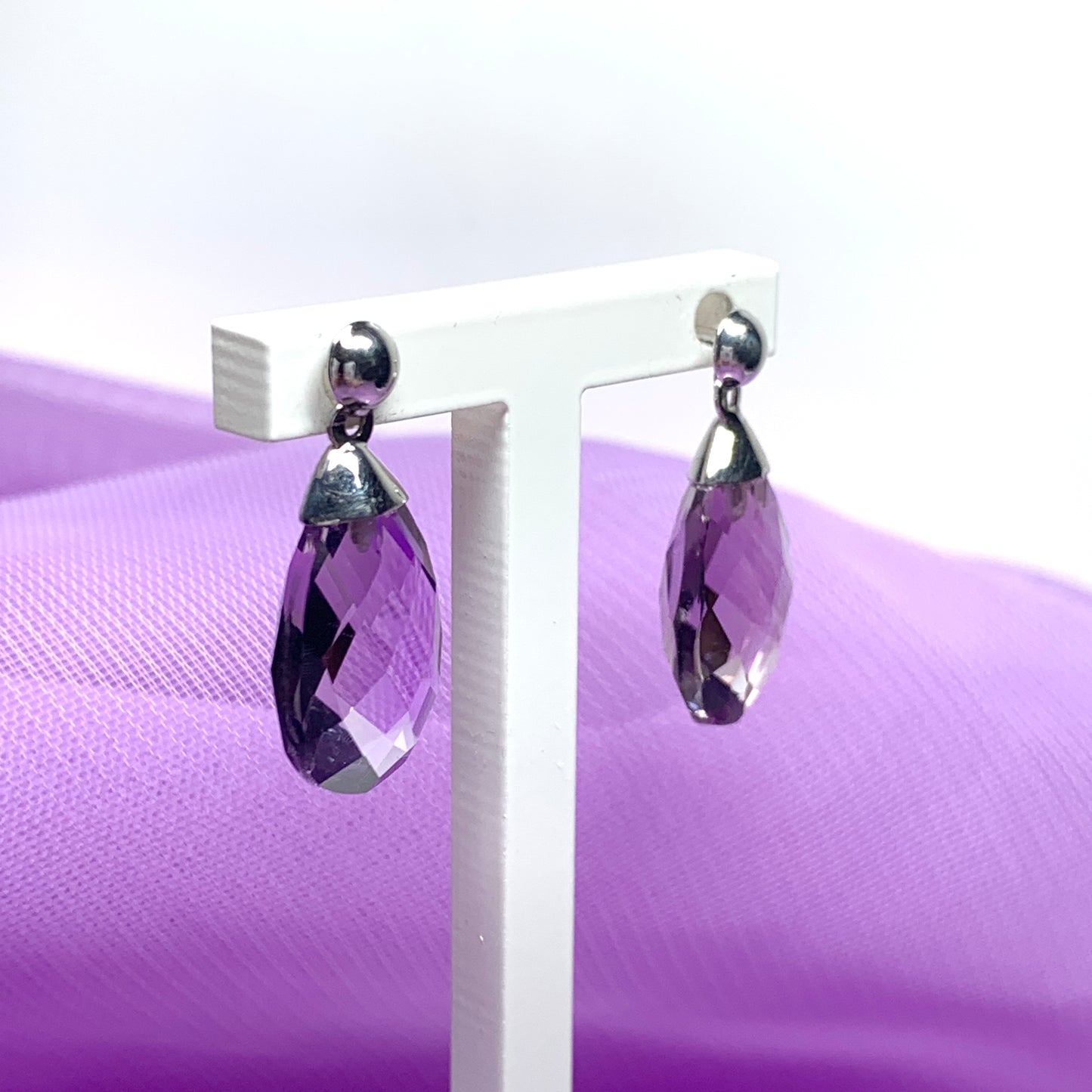 Faceted purple amethyst drop earrings white gold