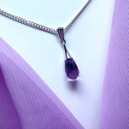 Faceted real amethyst white gold necklace pendant