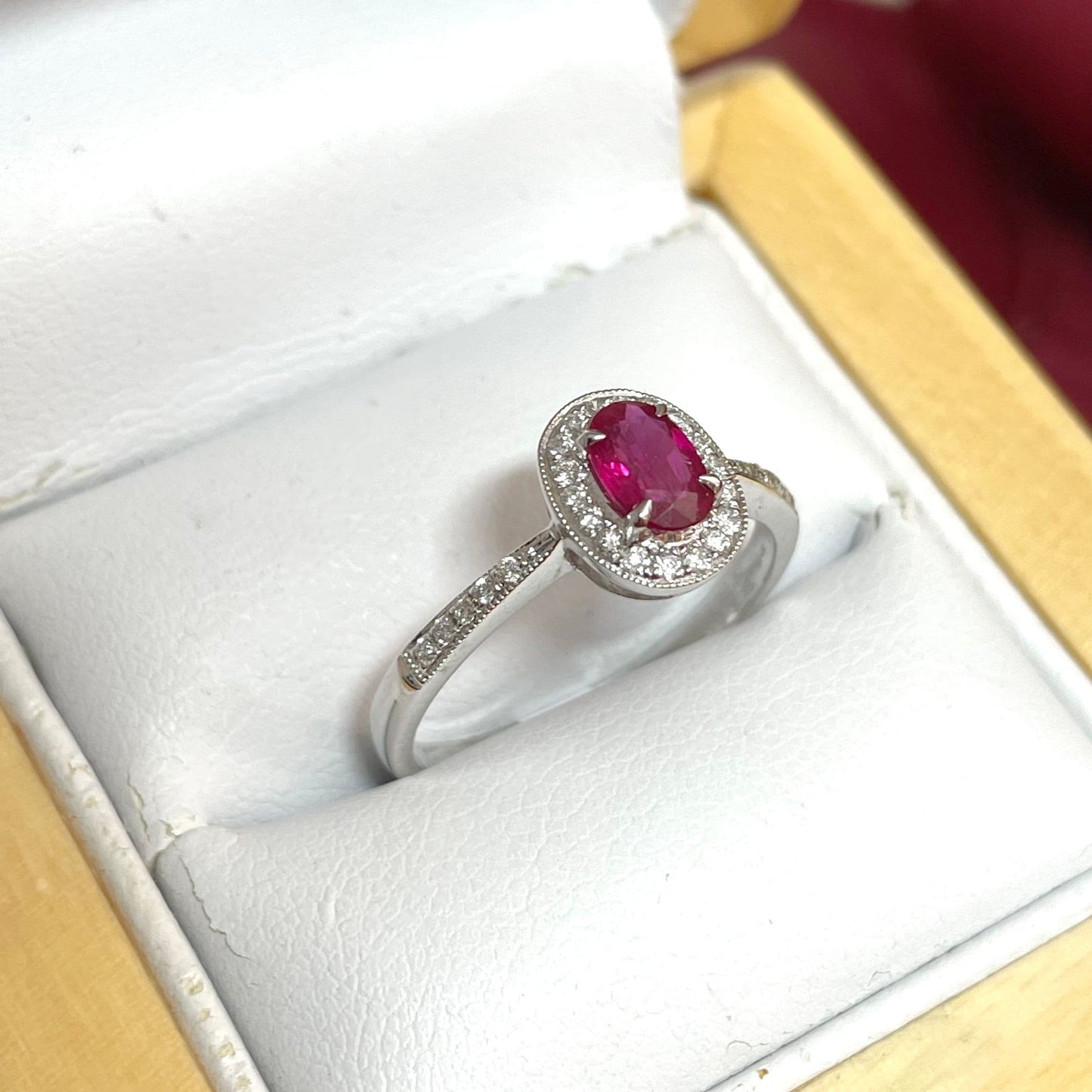 Fancy Oval Ruby Red and Diamond White Gold Cluster Ring