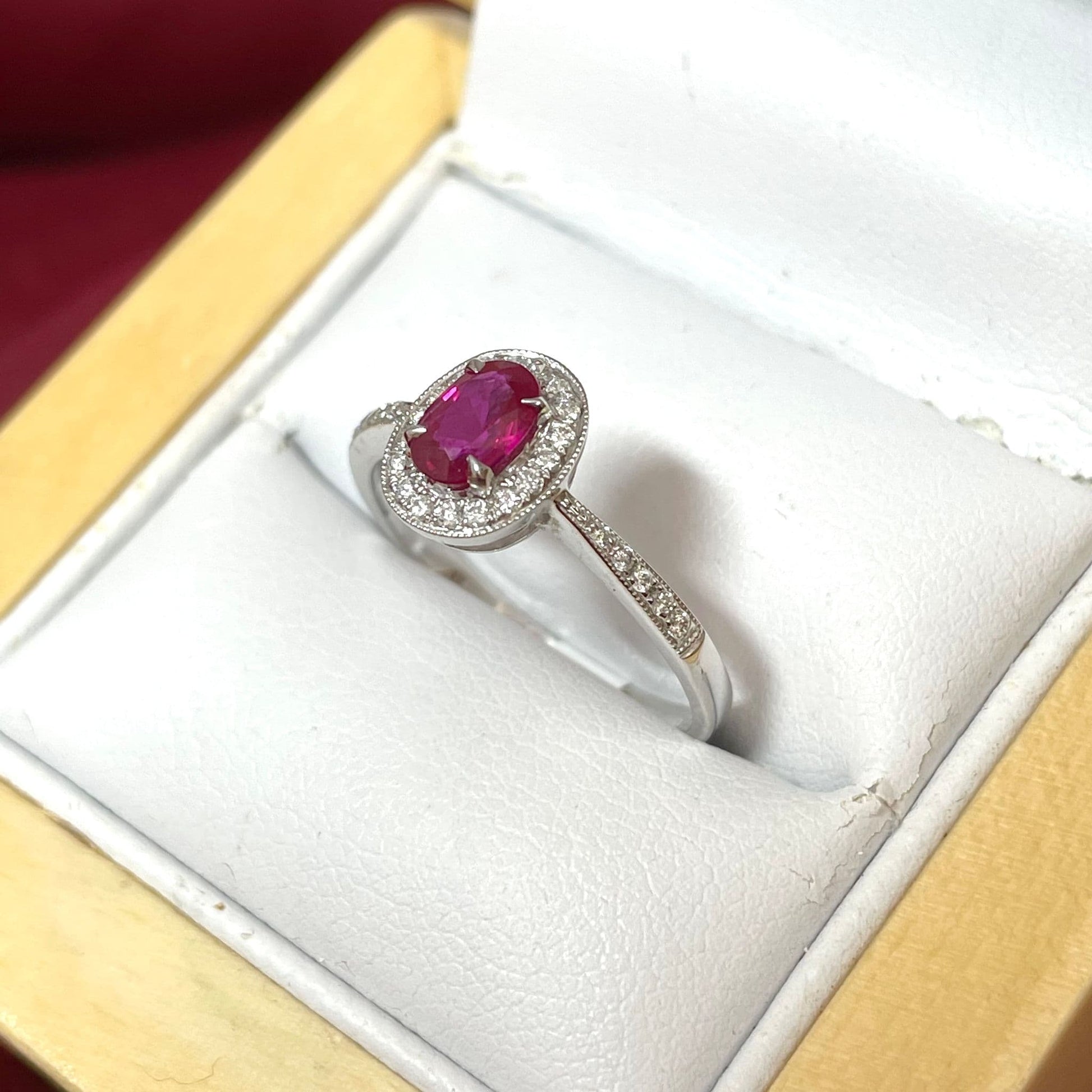 Fancy Oval Ruby Red and Diamond White Gold Cluster Ring