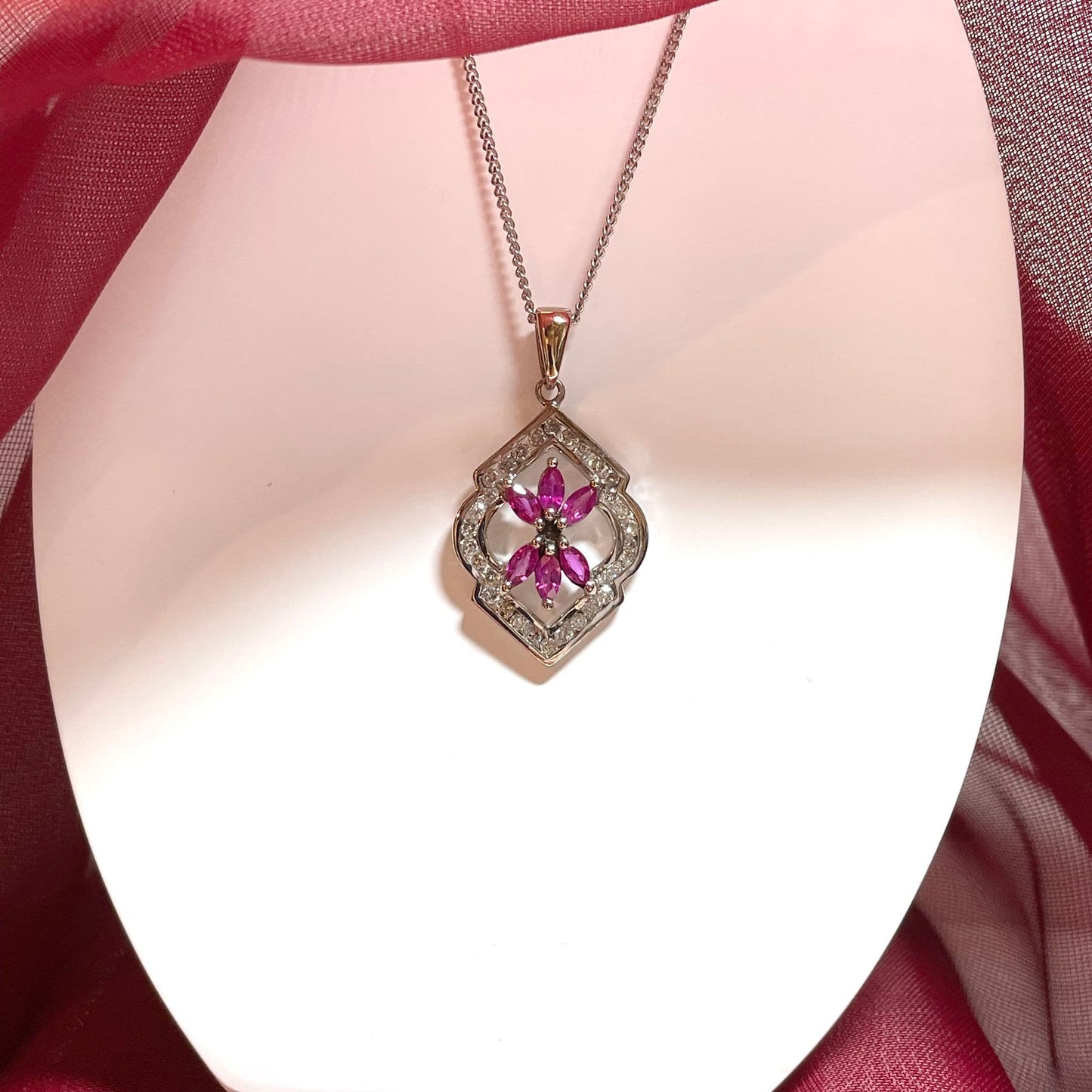 Fancy ruby and diamond white gold pendant necklace