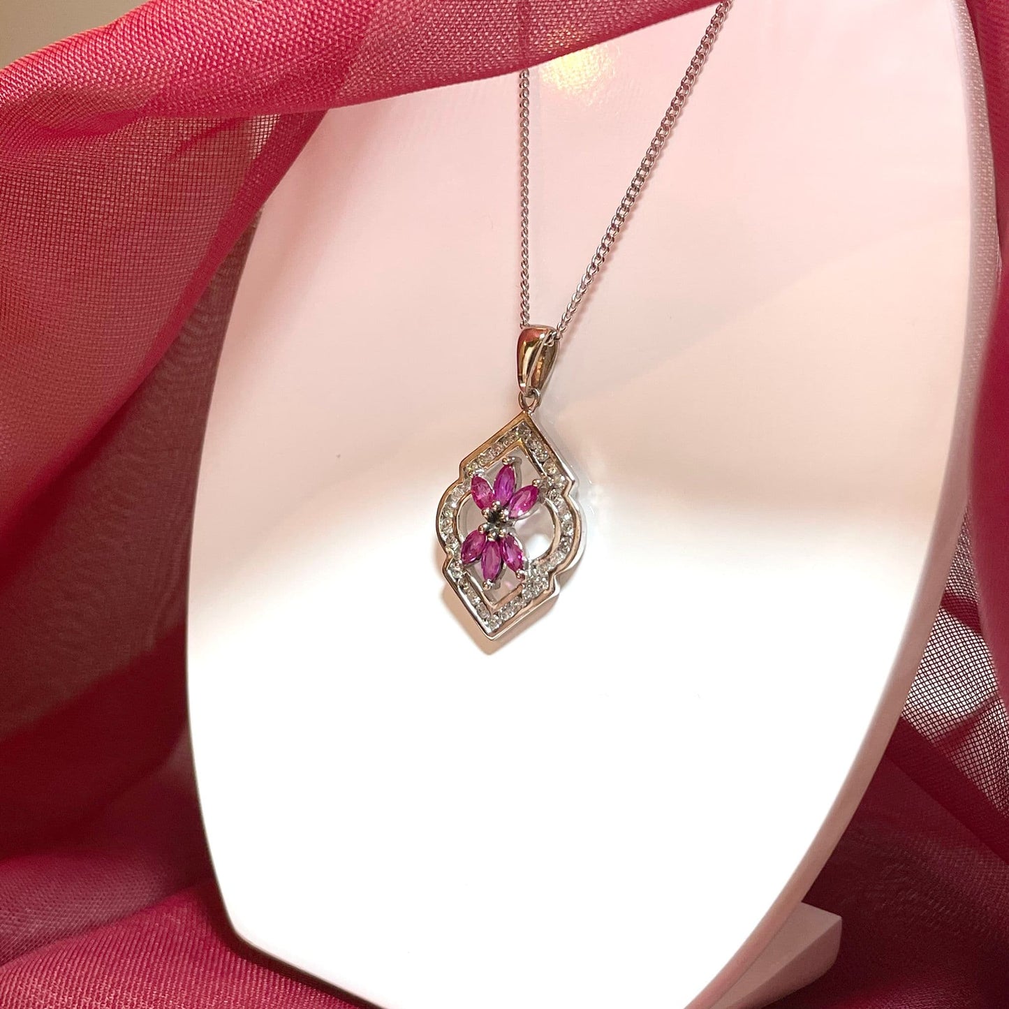 Fancy ruby and diamond white gold pendant necklace