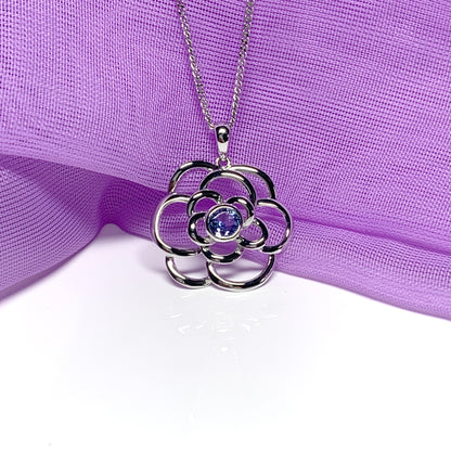 Real tanzanite round swirl necklace made in white gold