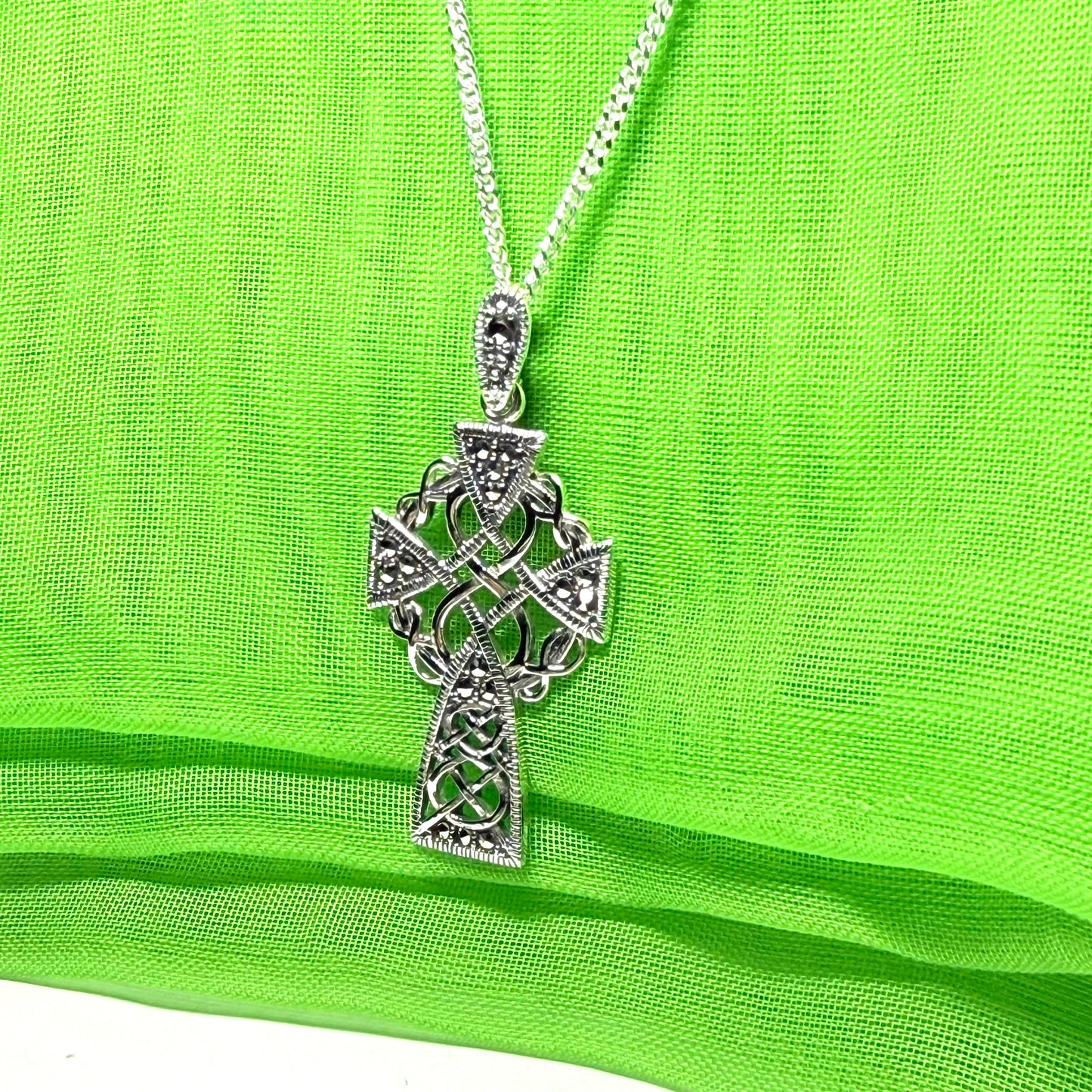 Fancy Patterned Large Sterling Silver Celtic Marcasite Set Cross Including Chain