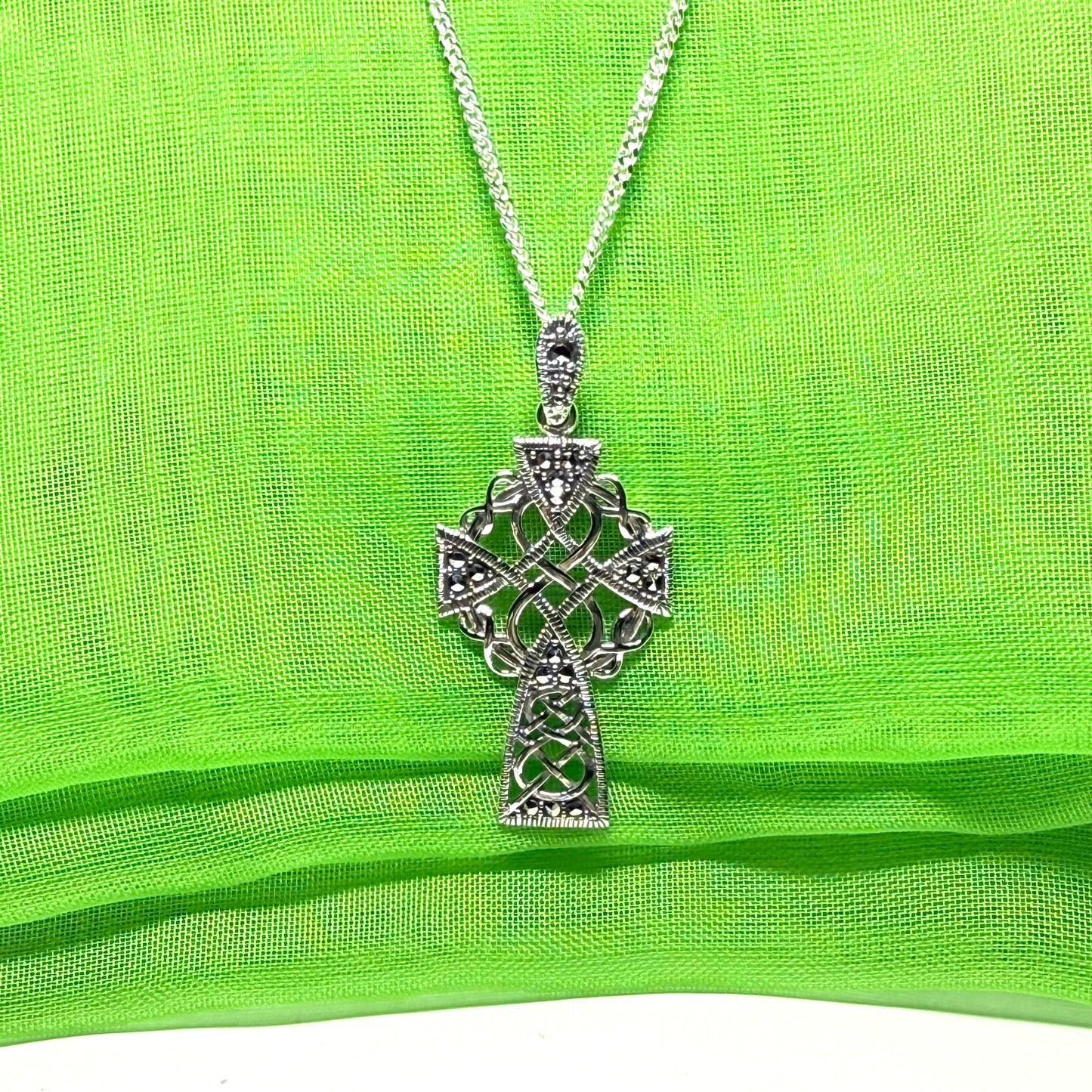 Fancy Patterned Large Sterling Silver Celtic Marcasite Set Cross Including Chain