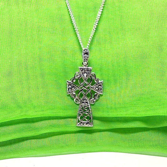 Fancy Patterned Large Sterling Silver Celtic Marcasite Set Cross Including Chain