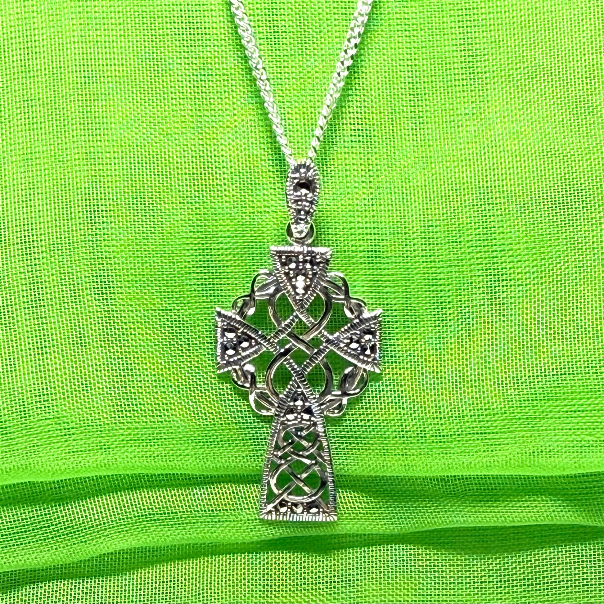 Fancy Patterned Large Sterling Silver Celtic Marcasite Set Cross Including Chain