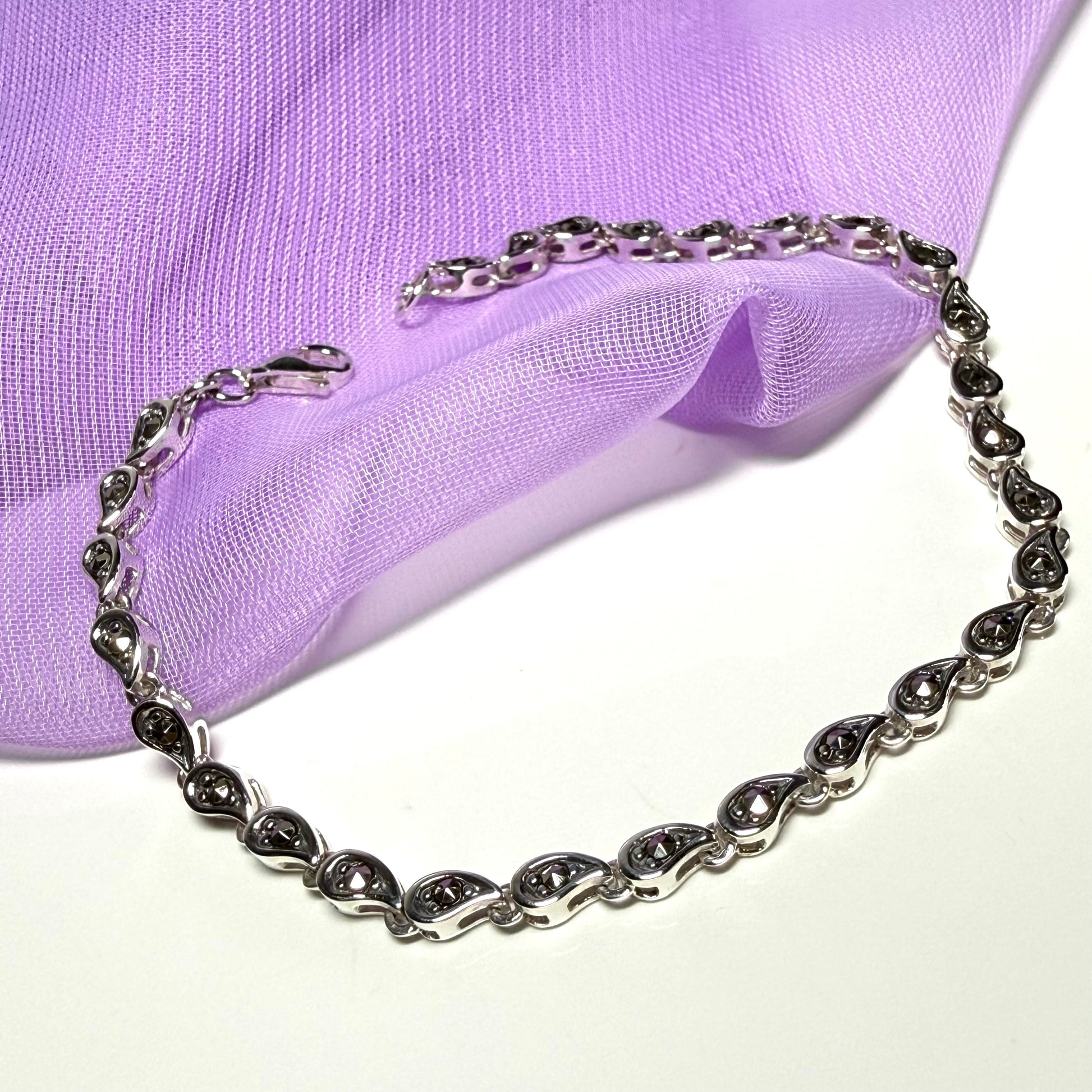 Fancy tear shaped link real marcasite sterling silver bracelet