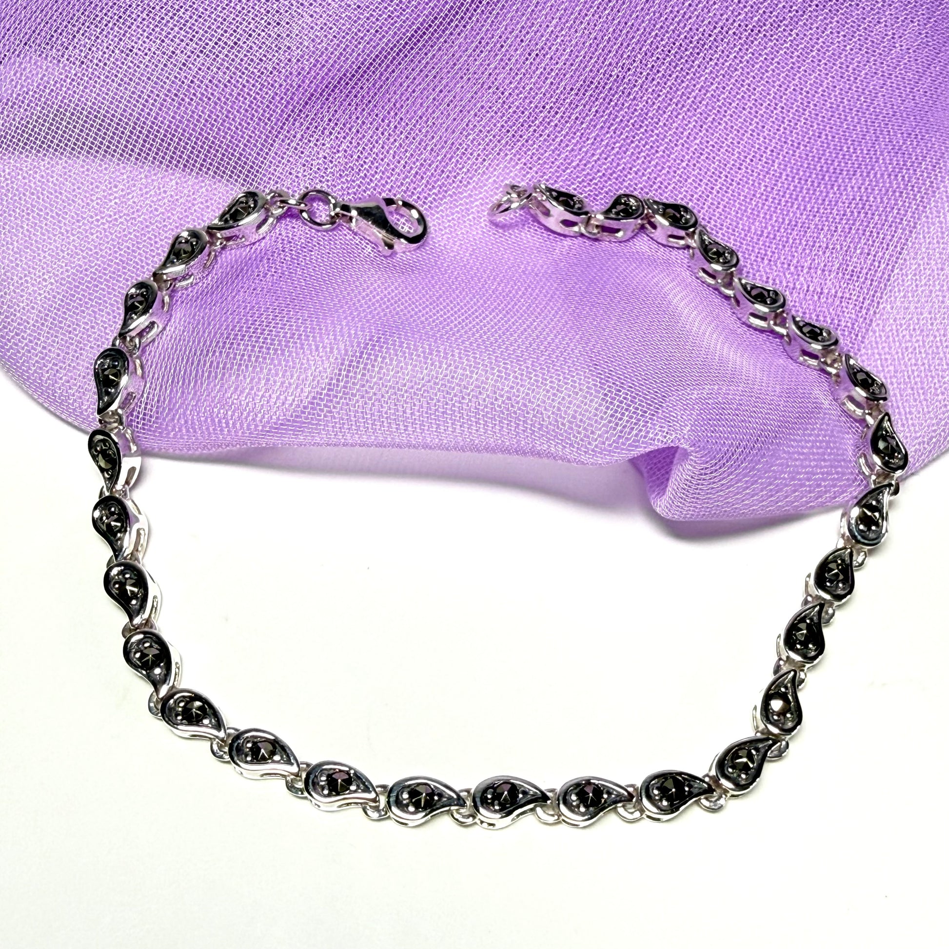 Fancy tear shaped link real marcasite sterling silver bracelet
