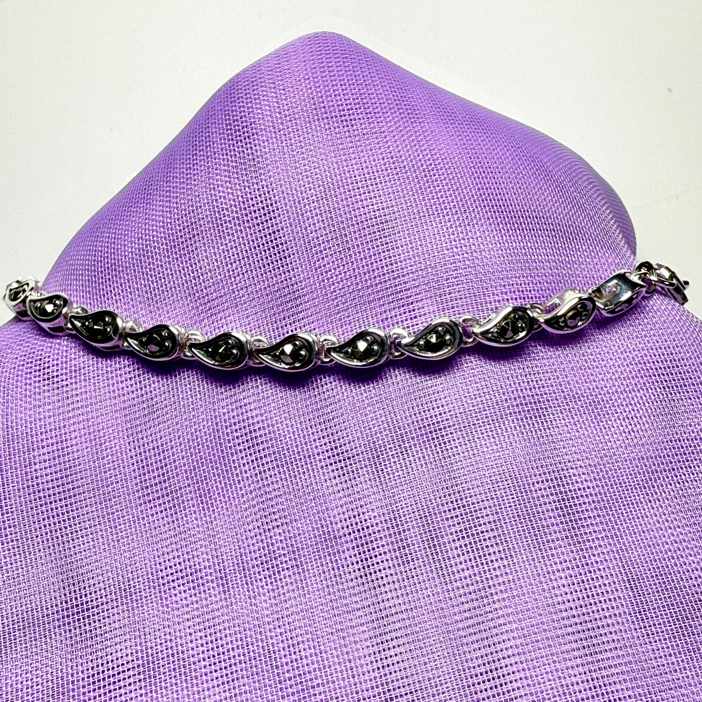 Fancy tear shaped link real marcasite sterling silver bracelet