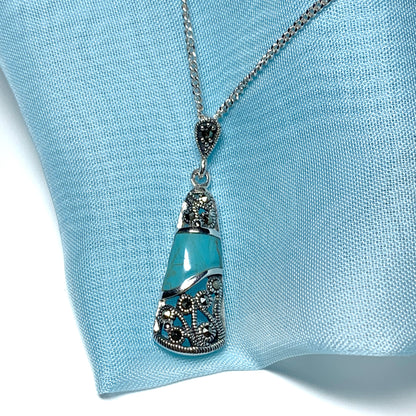 Fancy turquoise and marcasite drop sterling silver necklace pendant