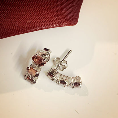 Garnet And Diamond Curved Sterling Silver Stud Earrings