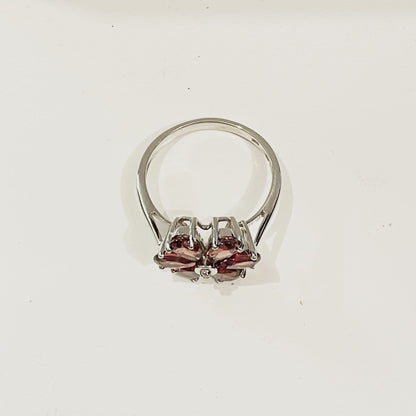 Garnet And Diamond Round Sterling Silver Red Brown Daisy Petal Cluster Ring