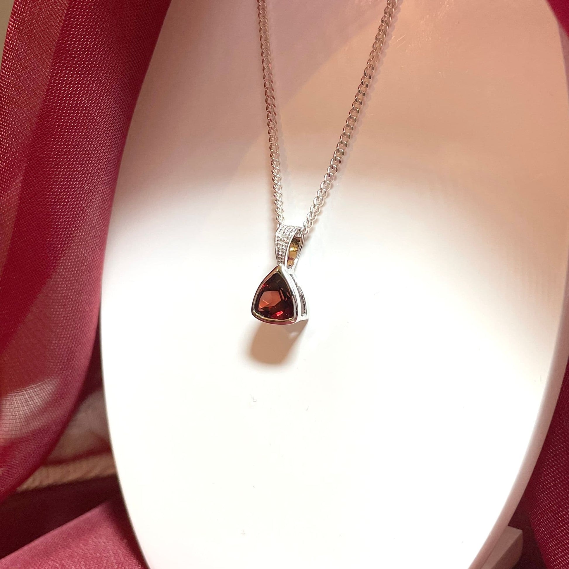 Garnet And Diamond Triangular Sterling Silver Red Brown Necklace