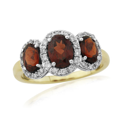 Garnet ring oval triple trilogy cluster with diamonds 18 carat yellow gold