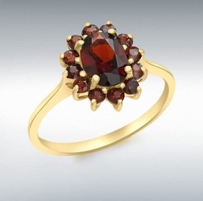 Oval Garnet Cluster Ring Yellow Gold