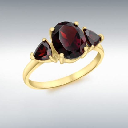 Real garnet trilogy dress ring yellow gold