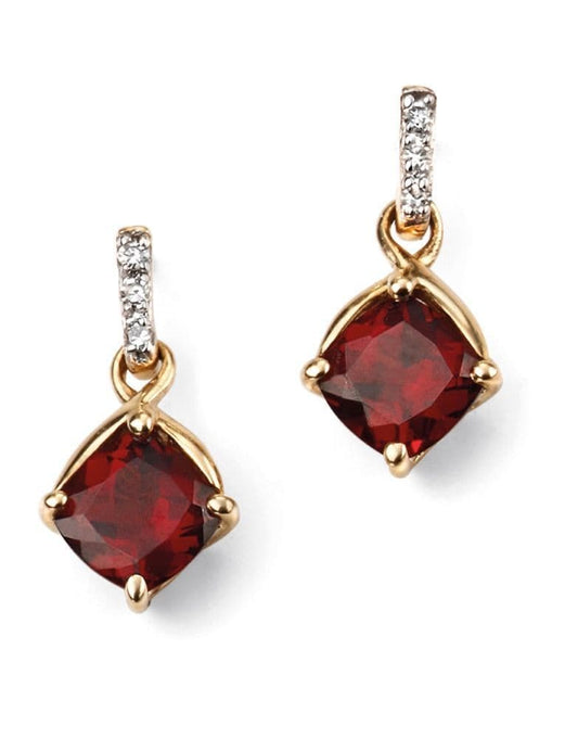 Garnet and Diamond Red Brown Yellow Gold Cushion Cut Drop Earrings with Butterfly Fittings