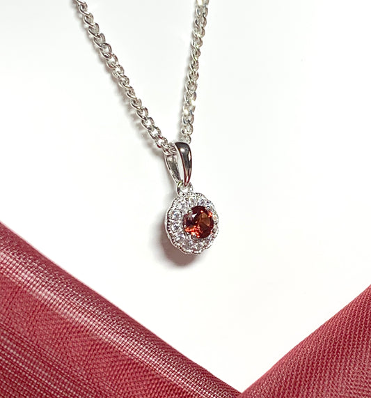 Garnet and cubic zirconia necklace sterling silver round dress cluster pendant