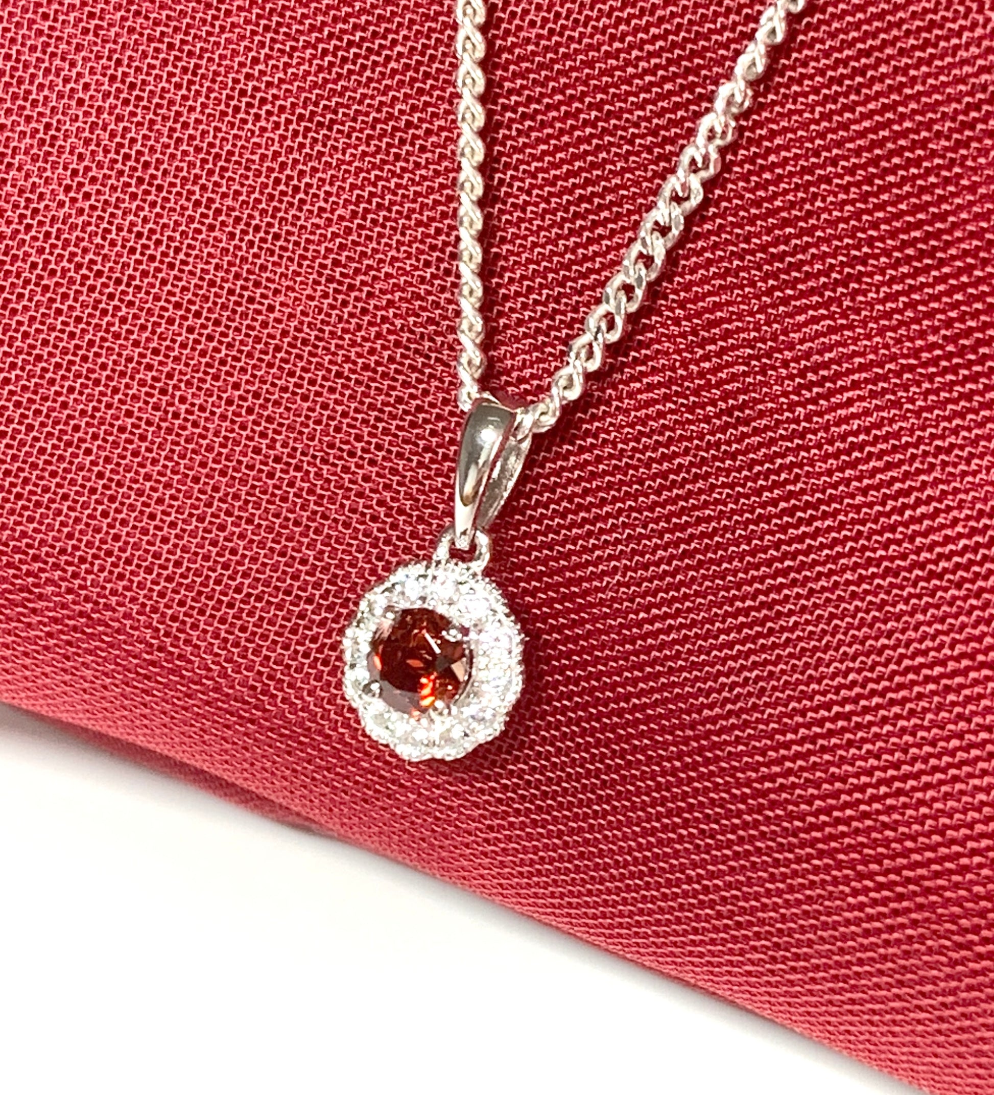 Garnet and cubic zirconia necklace sterling silver round dress cluster pendant