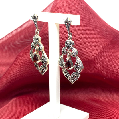 Garnet and marcasite drop earrings sterling silver