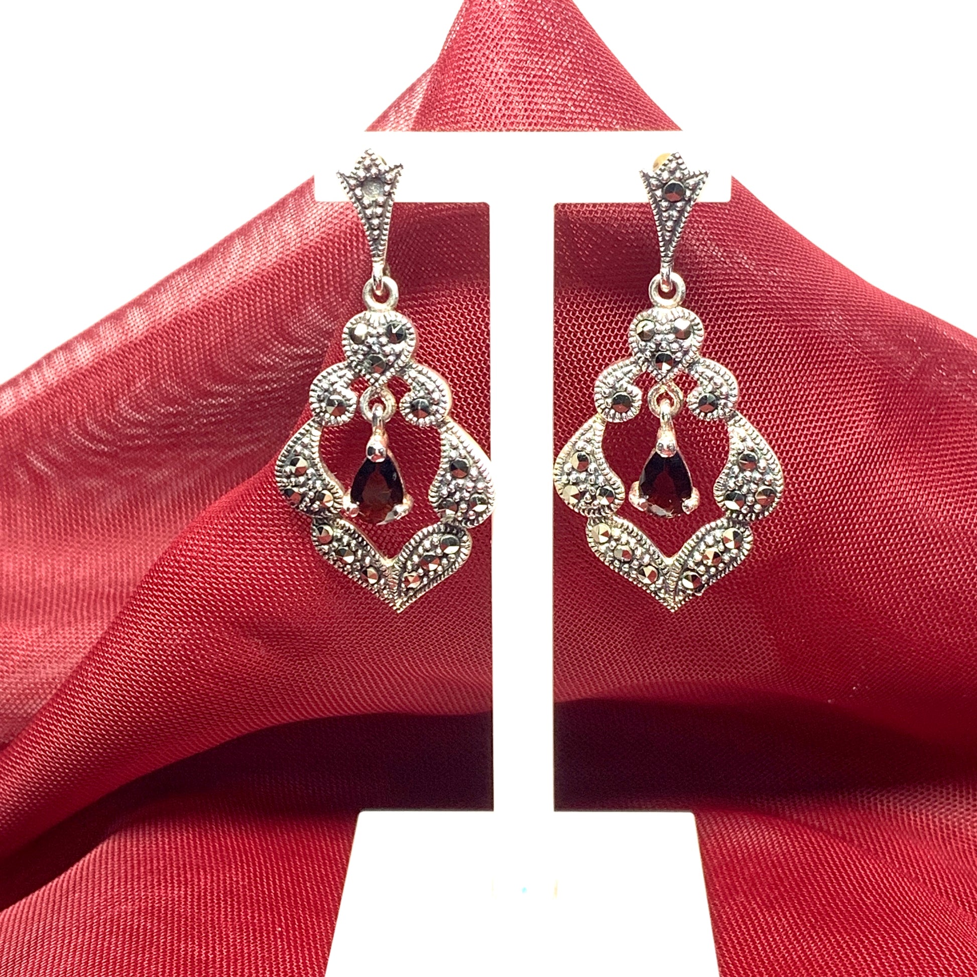 Garnet and marcasite drop earrings sterling silver