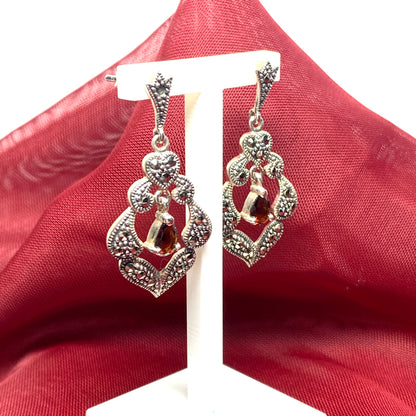 Garnet and marcasite drop earrings sterling silver