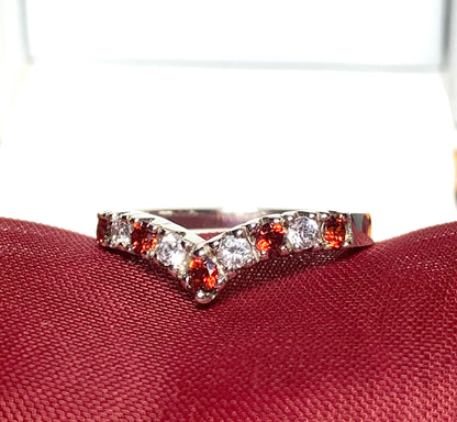 Garnet coloured wishbone ring sterling silver with cubic zirconia stones