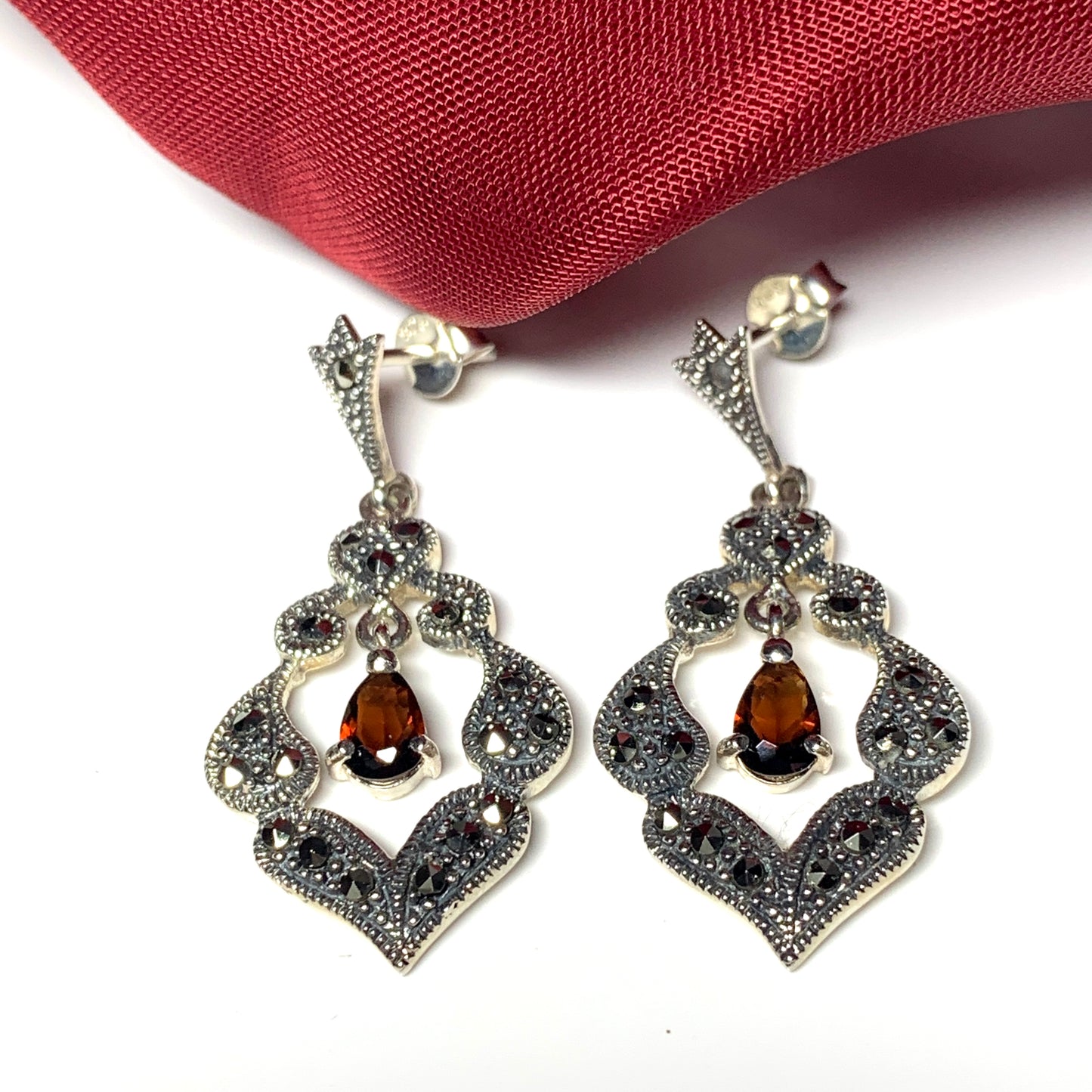 Garnet and marcasite drop earrings sterling silver