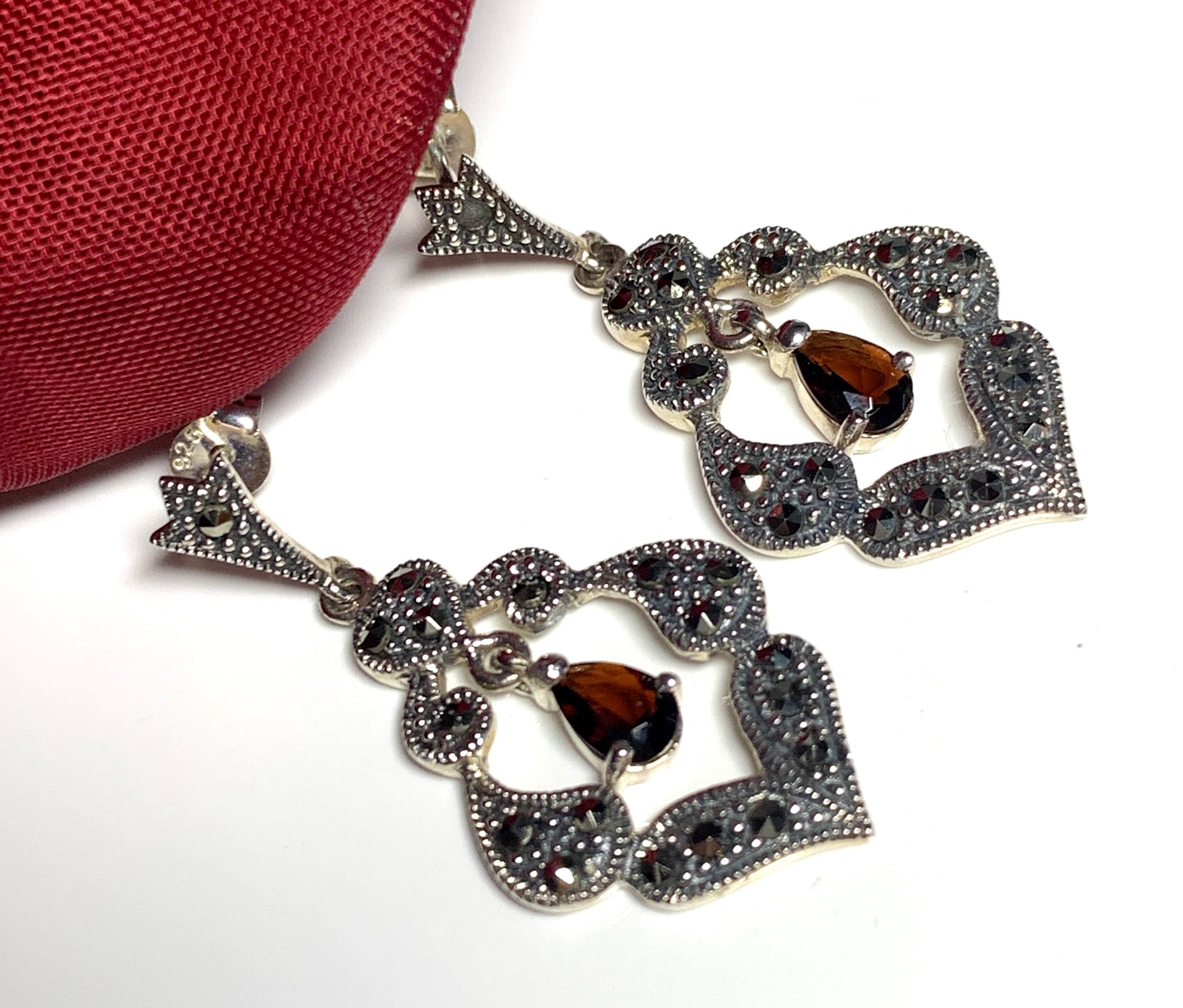Garnet and marcasite drop earrings sterling silver
