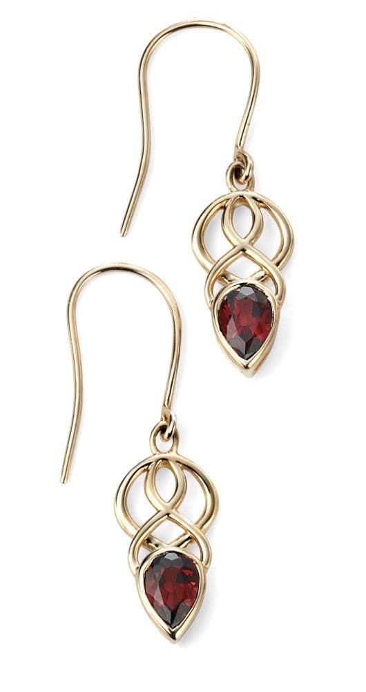 Garnet red brown pear cut yellow gold Celtic drop earrings with wire fittings