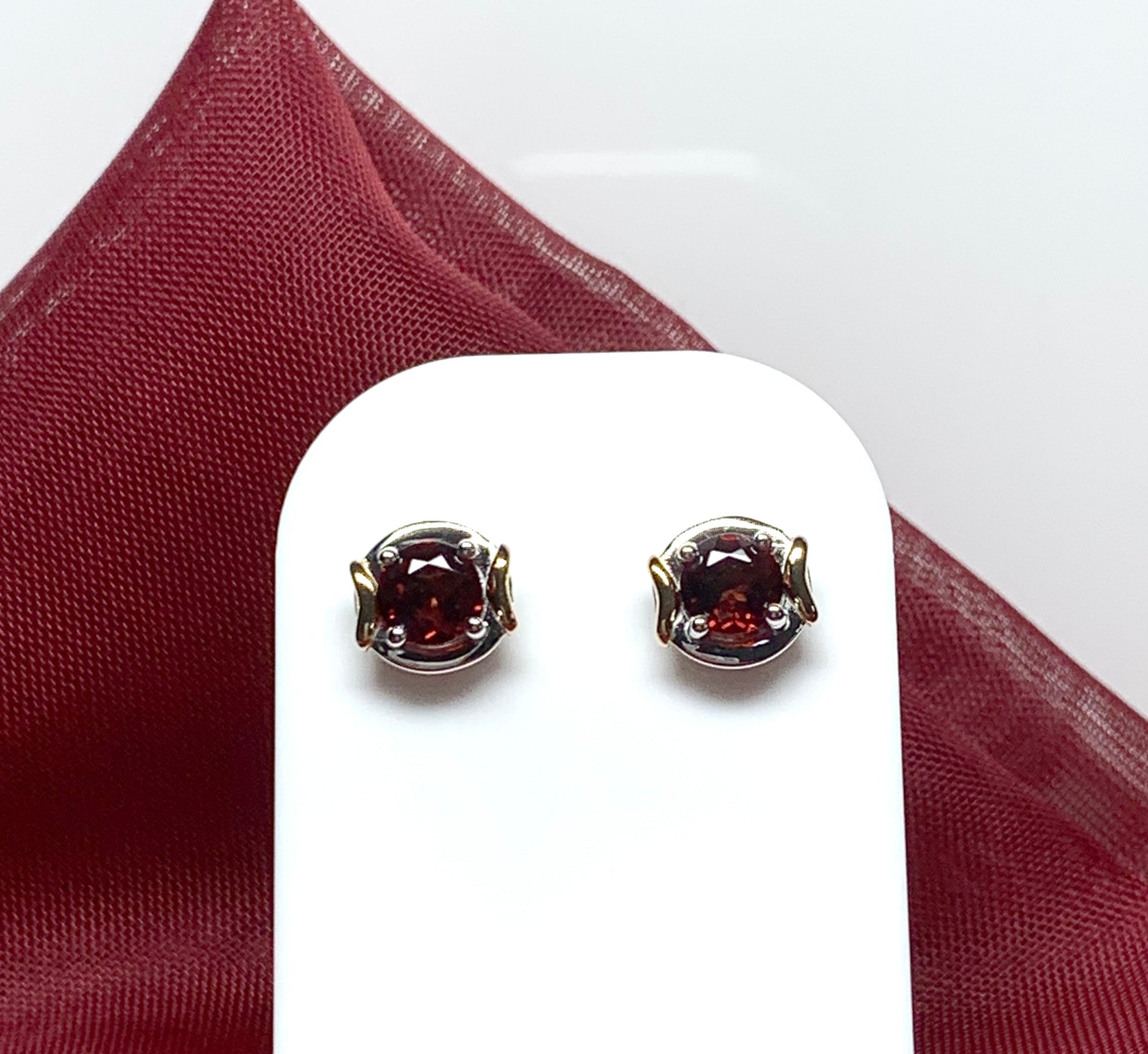 Garnet two tone sterling silver and silver gilt round stud earrings