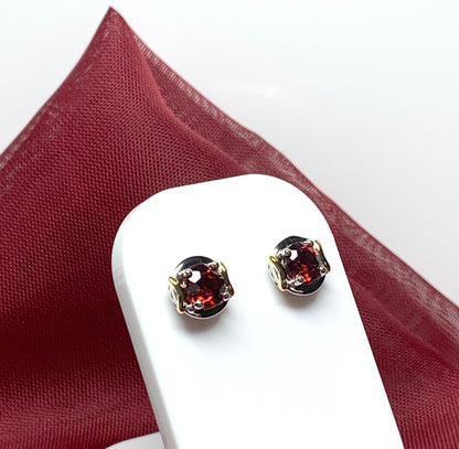 Garnet two tone sterling silver and silver gilt round stud earrings