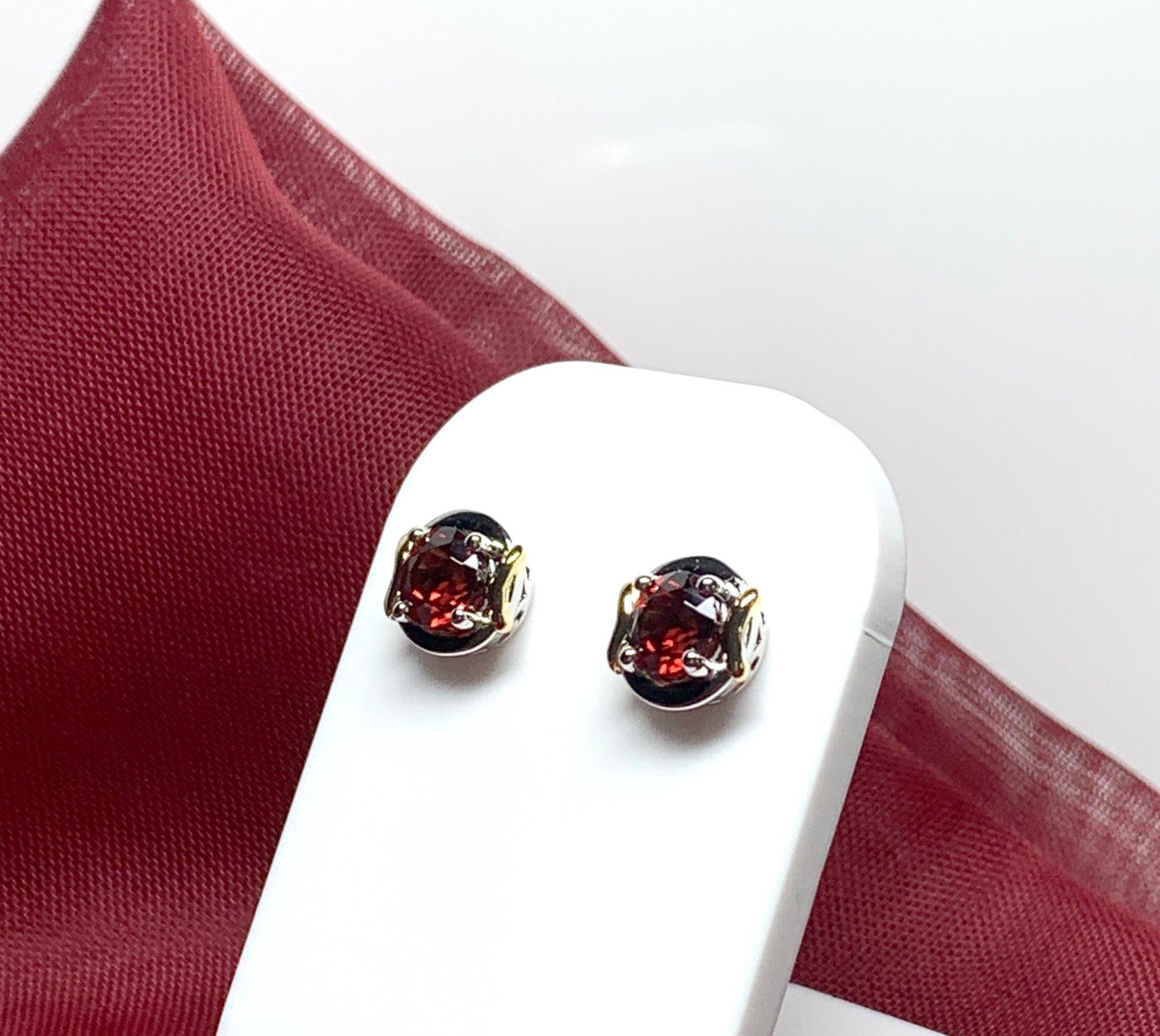 Garnet two tone sterling silver and silver gilt round stud earrings