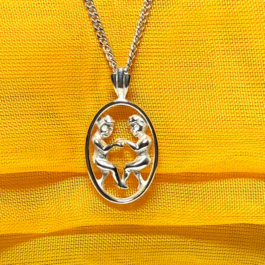 Gemini Zodiac Oval Necklace Sterling Silver Pendant