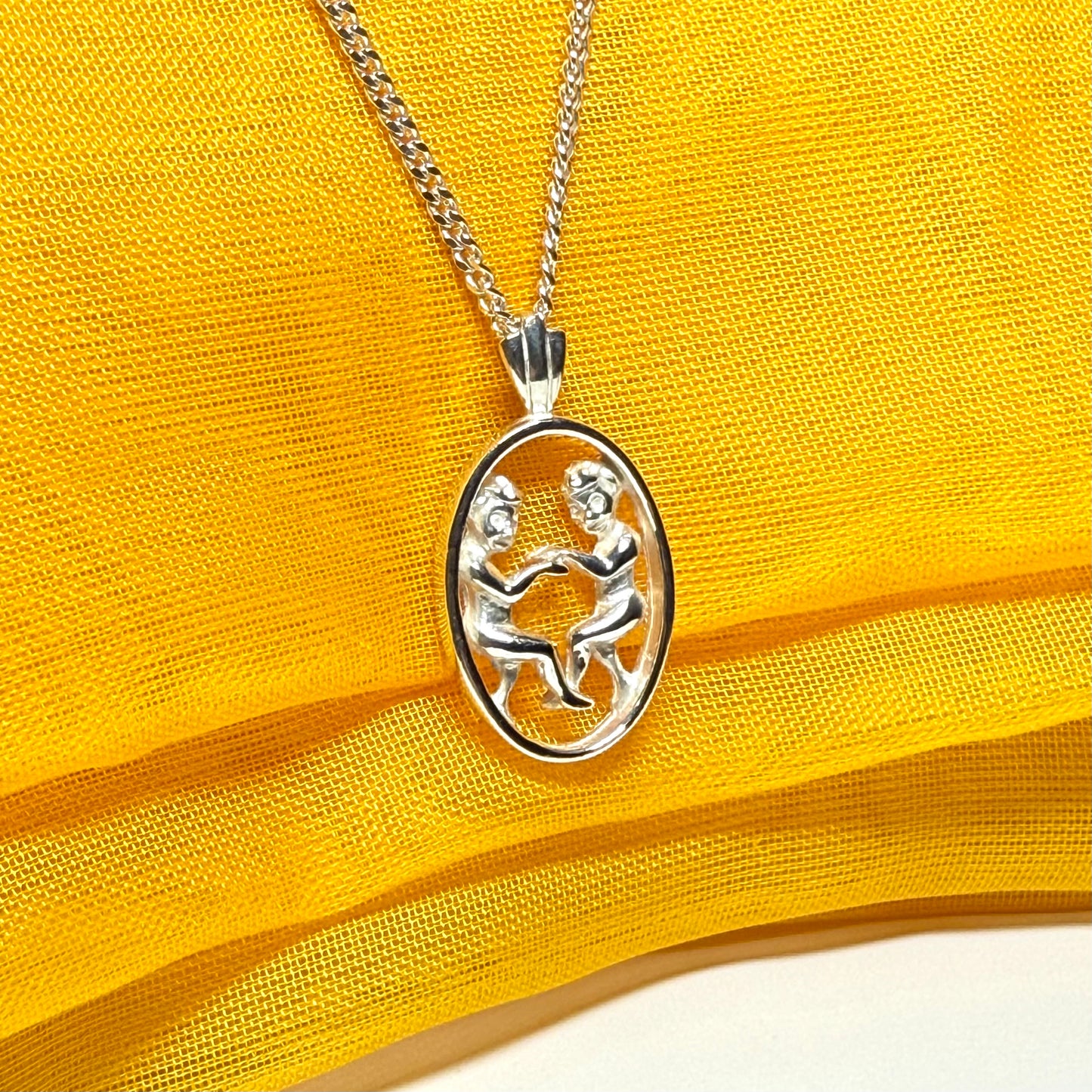 Gemini Zodiac Oval Necklace Sterling Silver Pendant