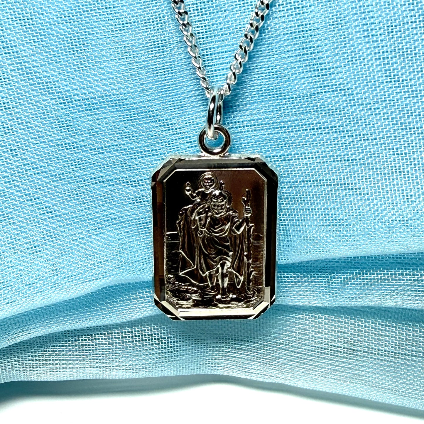 Men’s solid sterling silver octagonal rectangle shaped St.Christopher