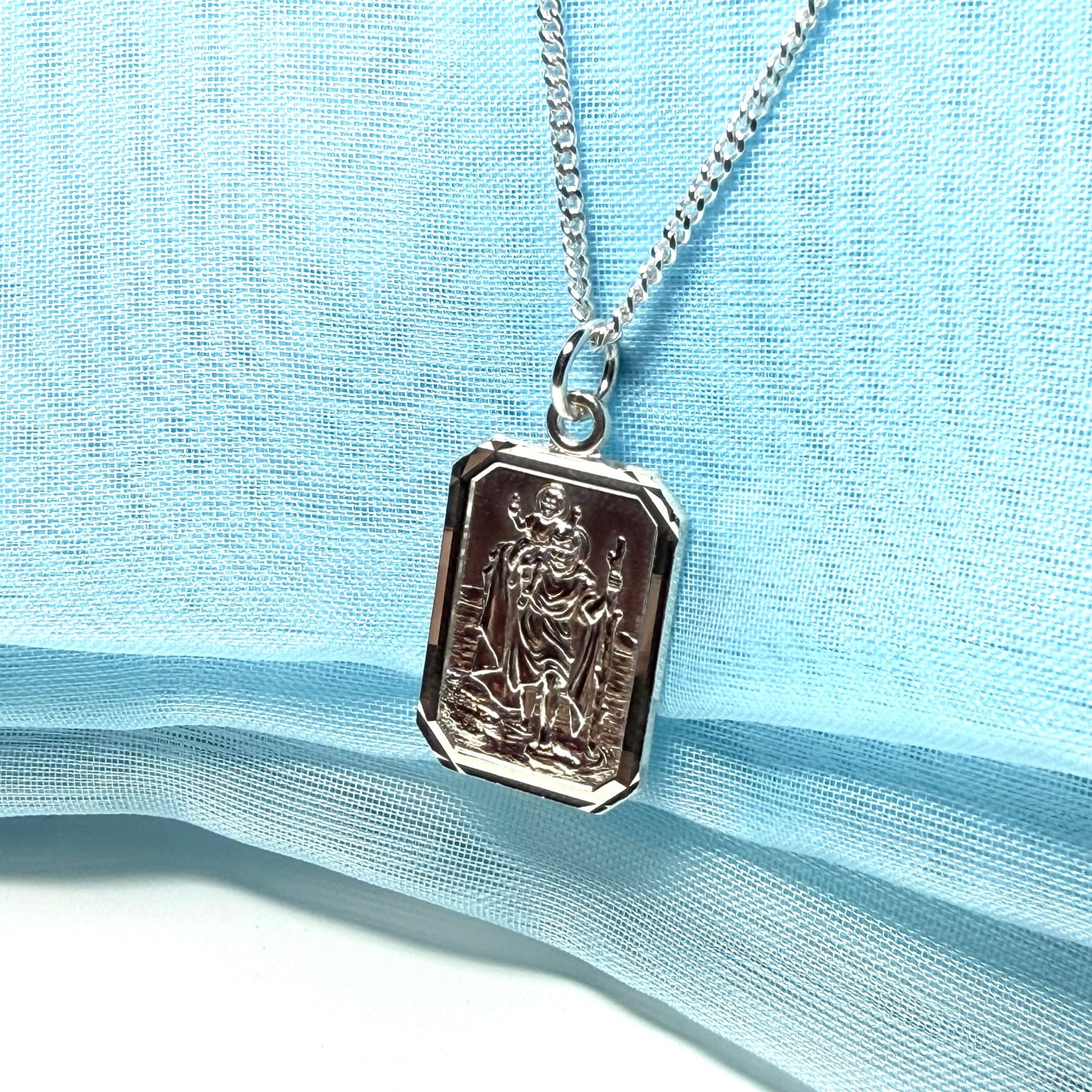 Men’s solid sterling silver octagonal rectangle shaped St.Christopher