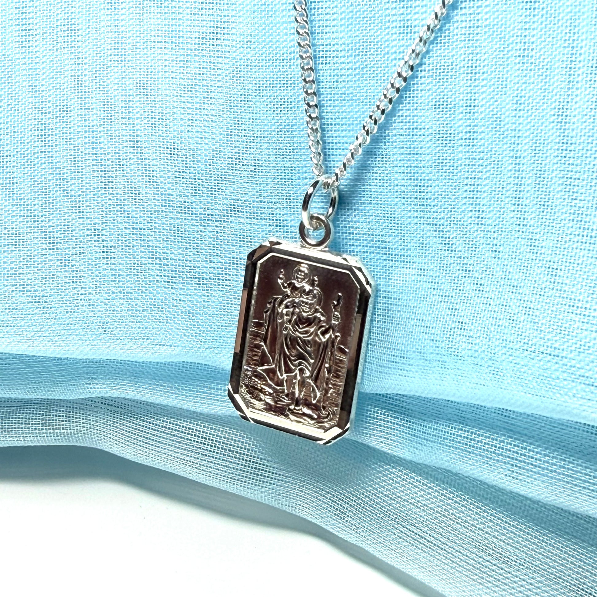 Men’s solid sterling silver octagonal rectangle shaped St.Christopher