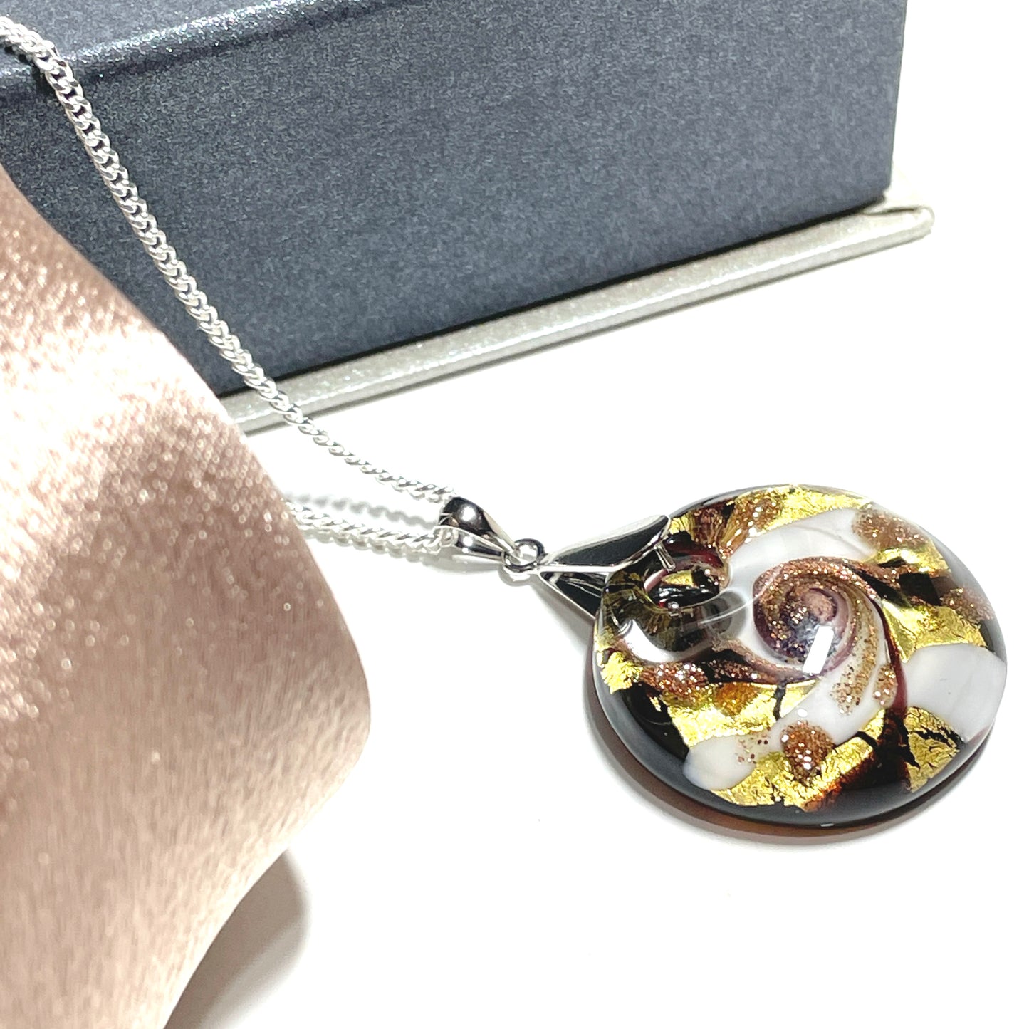 Murano Glass Round Drop Pendant Black Gold