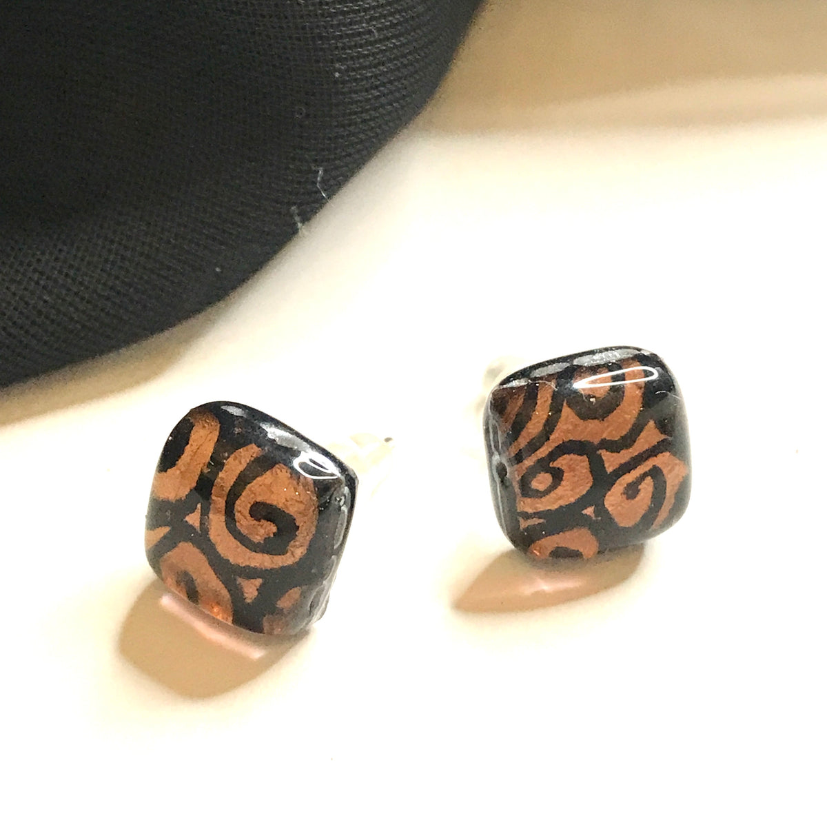 Gold and black square stud Real Genuine Murano glass stud earrings