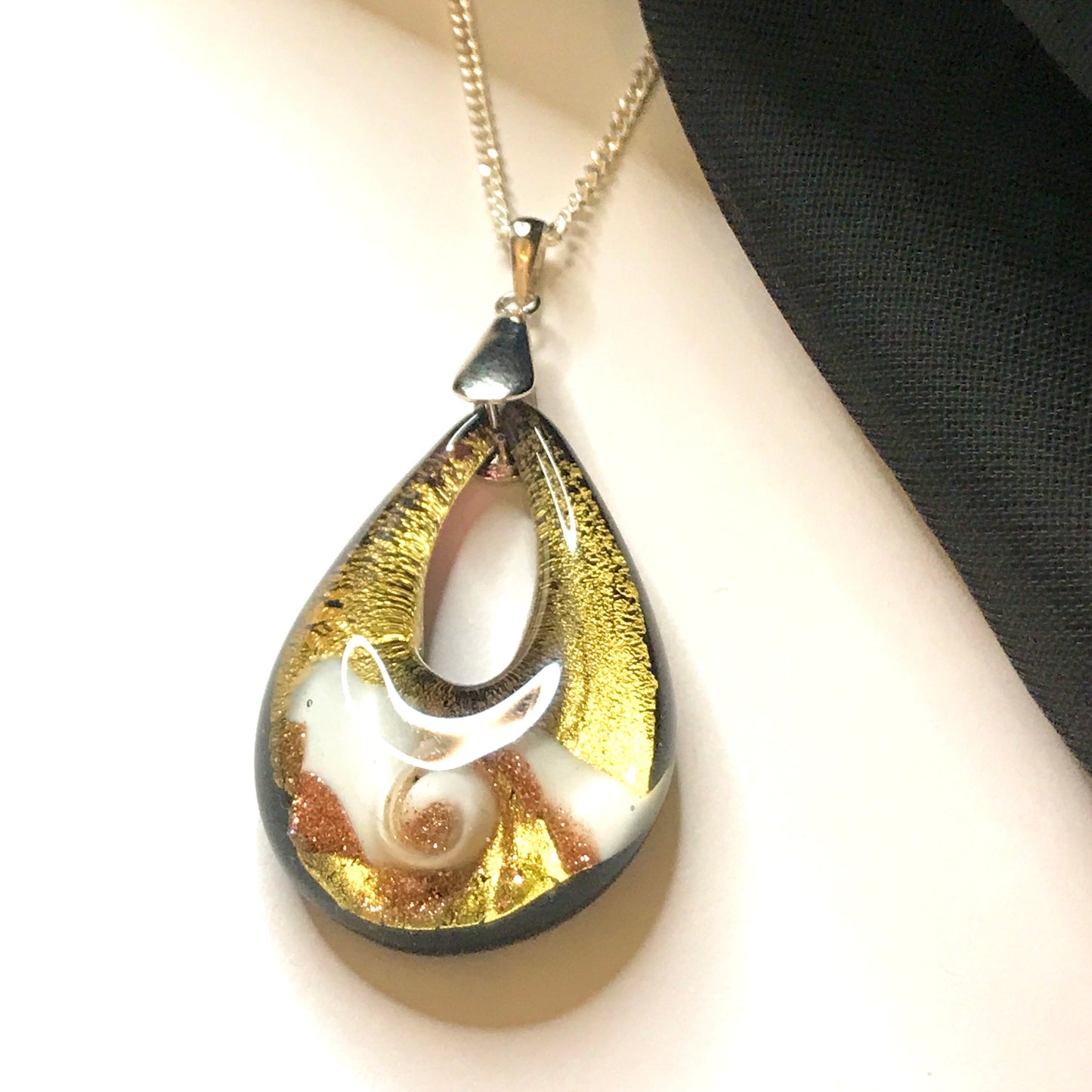 Golden Real Murano glass necklace rose design tear drop pendant sterling silver