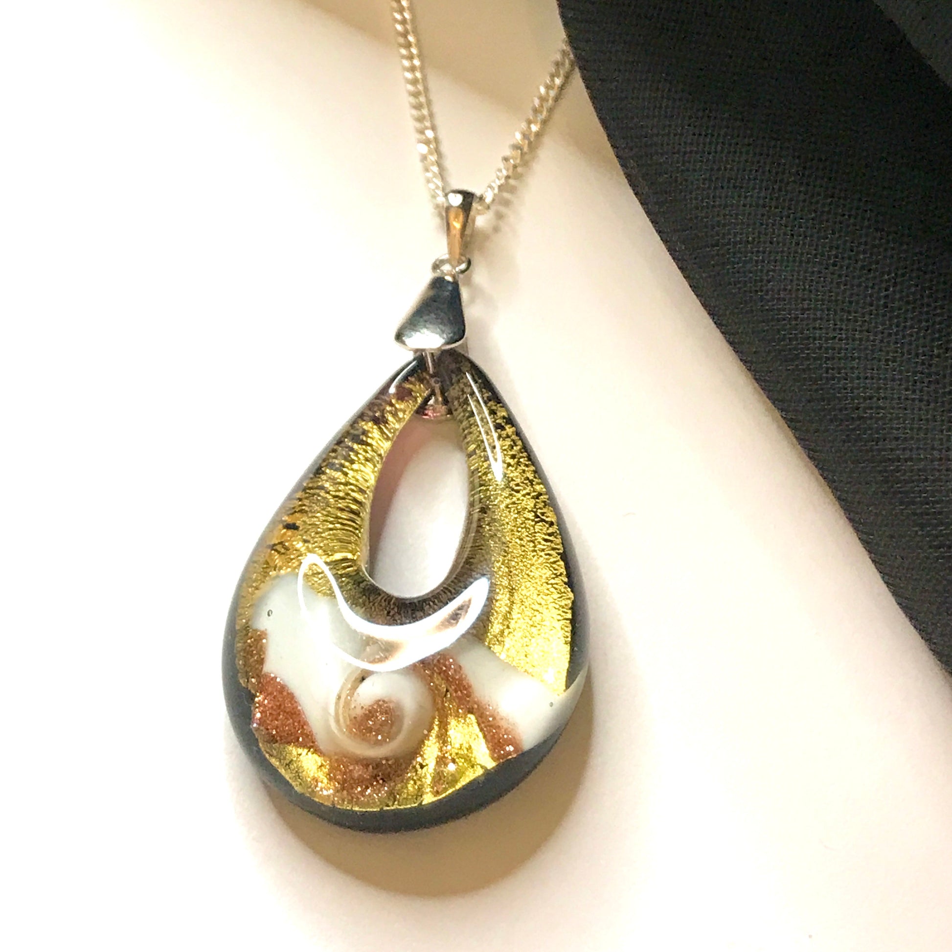 Golden Real Murano glass necklace rose design tear drop pendant sterling silver