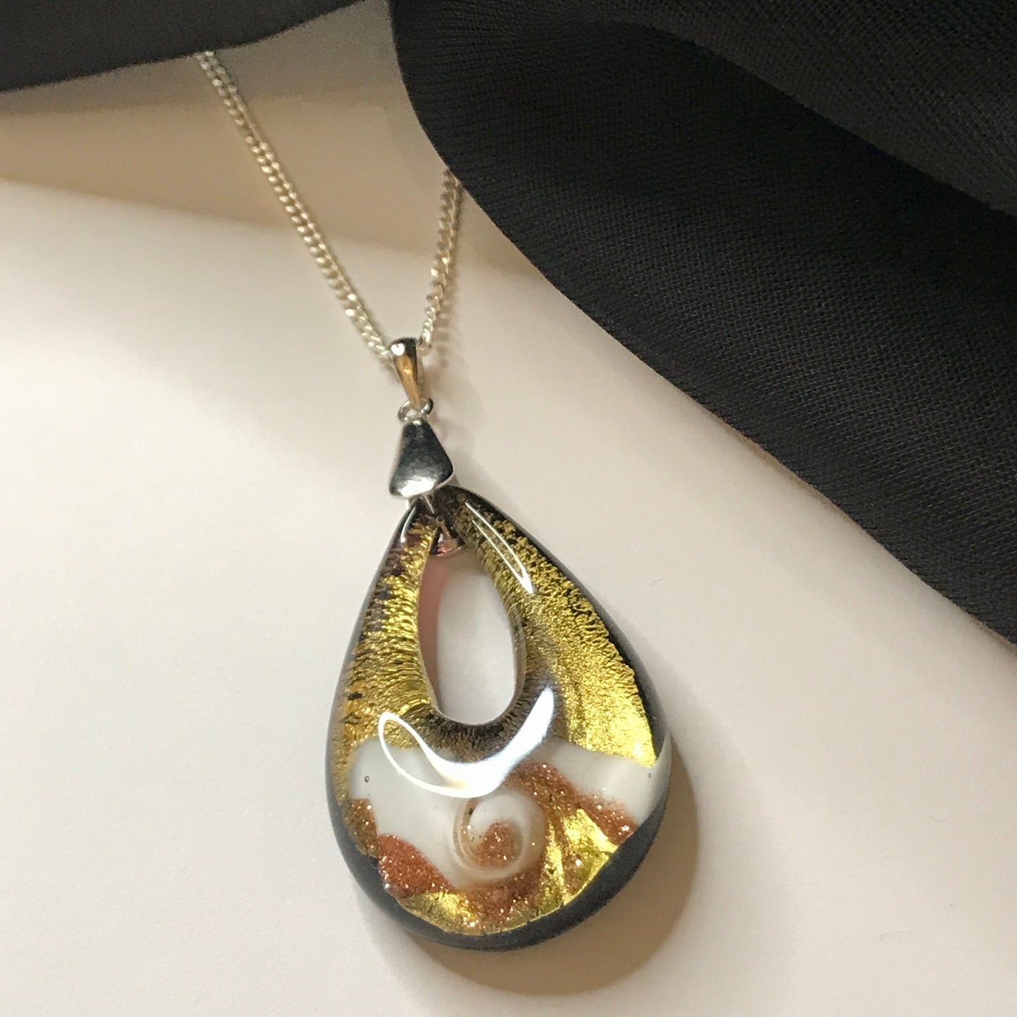 Golden Real Murano glass necklace rose design tear drop pendant sterling silver