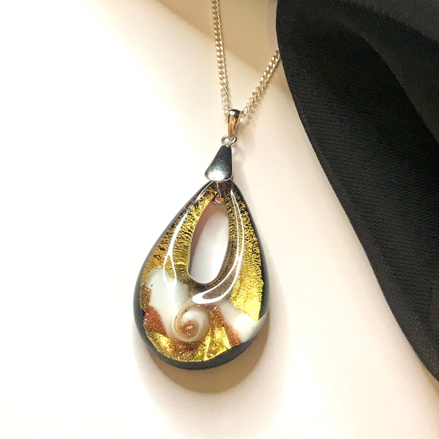 Golden Real Murano glass necklace rose design tear drop pendant sterling silver