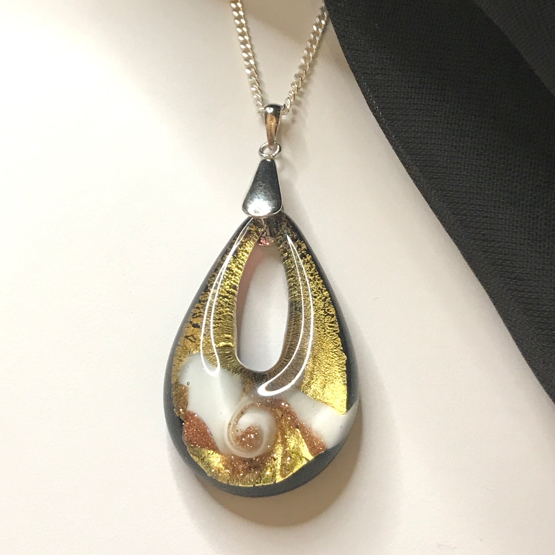 Golden Real Murano glass necklace rose design tear drop pendant sterling silver