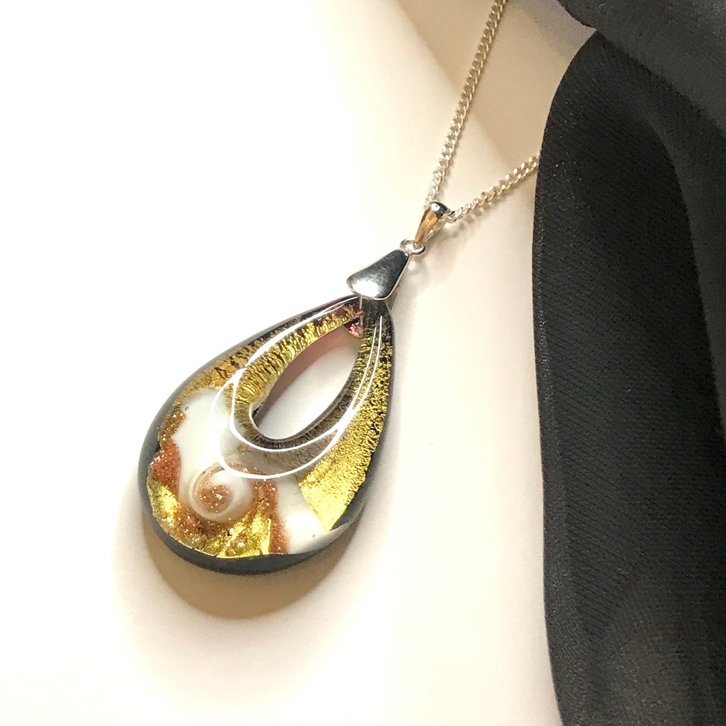 Golden Real Murano glass necklace rose design tear drop pendant sterling silver