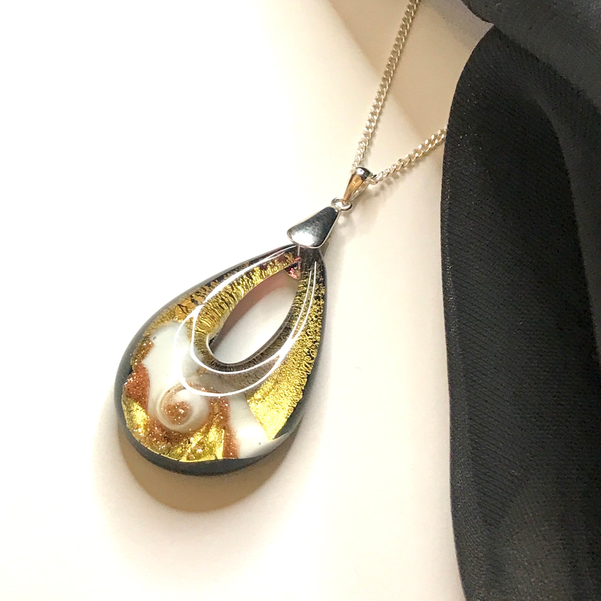 Golden Real Murano glass necklace rose design tear drop pendant sterling silver
