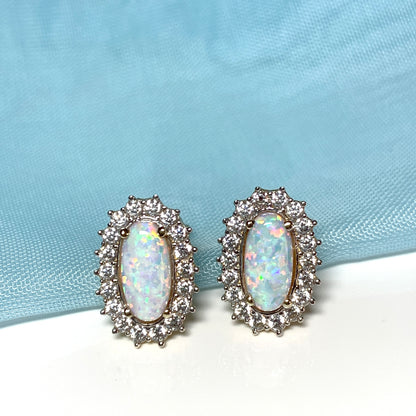 Gold oval opal and cubic zirconia earrings